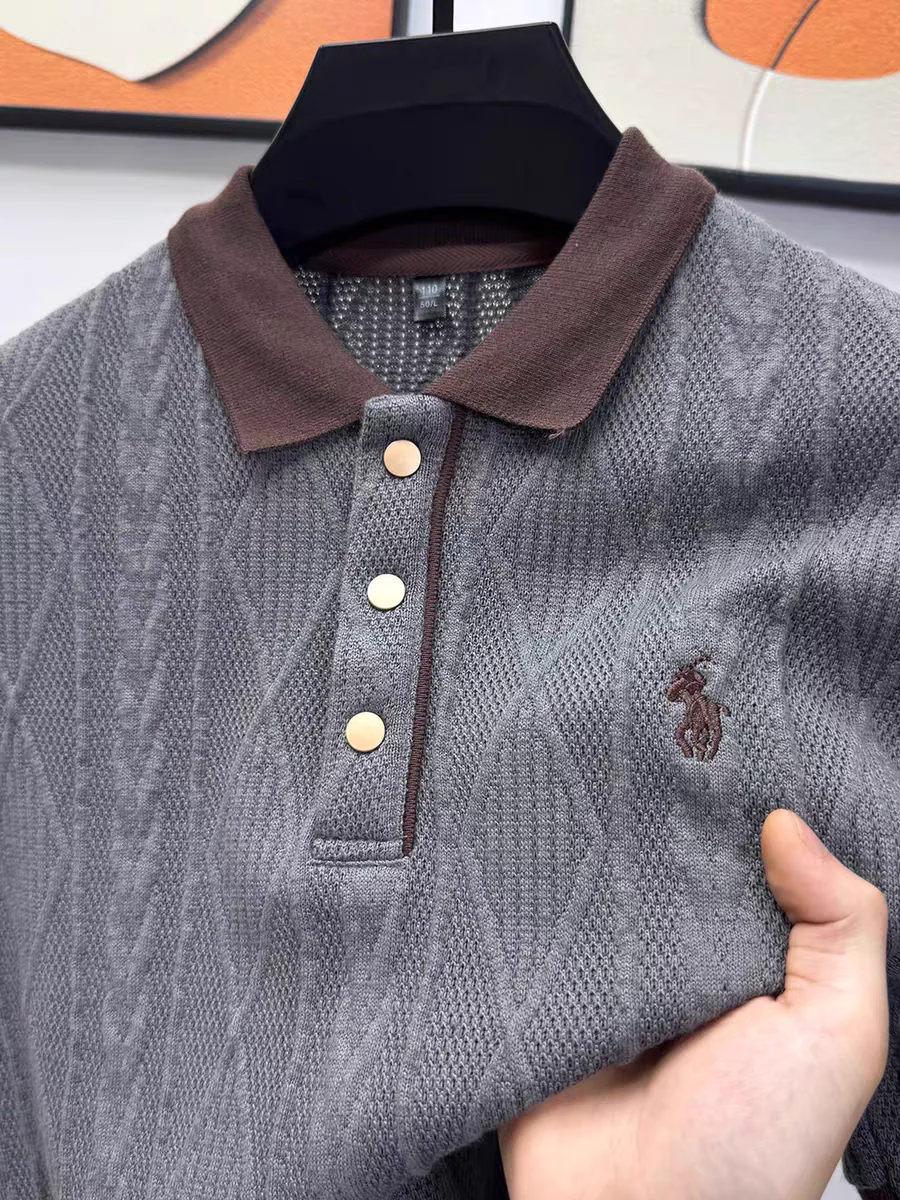 Textured Knit Polo Shirt – Contrast Collar Embroidered Short Sleeve Top