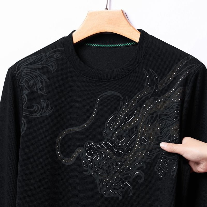 Dragon Graphic Long Sleeve Shirt – Vintage Asian Dragon Print Crewneck Top