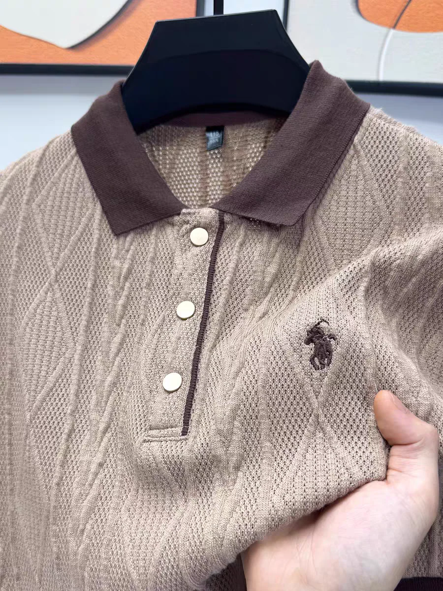 Textured Knit Polo Shirt – Contrast Collar Embroidered Short Sleeve Top