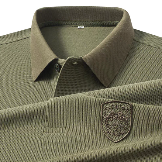 Olive Green Polo Shirt – Embroidered Badge Short Sleeve Casual Top