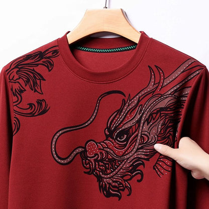 Dragon Graphic Long Sleeve Shirt – Vintage Asian Dragon Print Crewneck Top