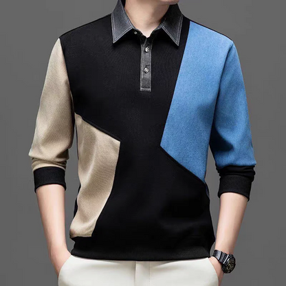 Colorblock Long Sleeve Polo – Modern Patchwork Casual Top