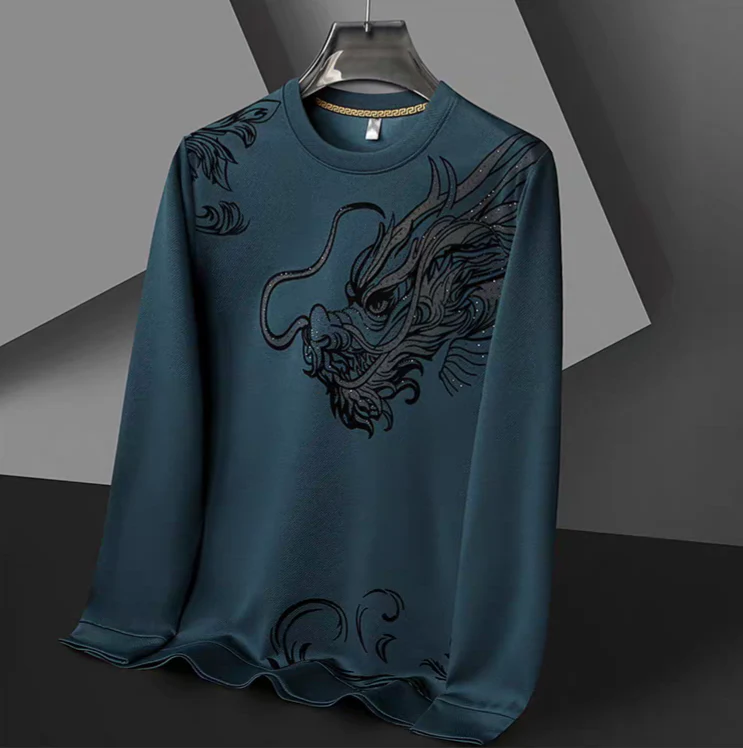 Dragon Graphic Long Sleeve Shirt – Vintage Asian Dragon Print Crewneck Top