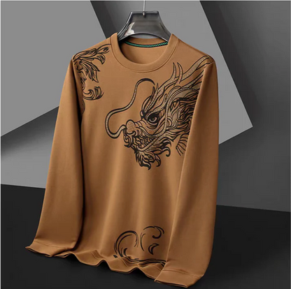 Dragon Graphic Long Sleeve Shirt – Vintage Asian Dragon Print Crewneck Top