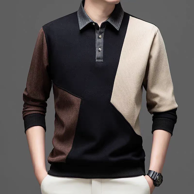 Colorblock Long Sleeve Polo – Modern Patchwork Casual Top