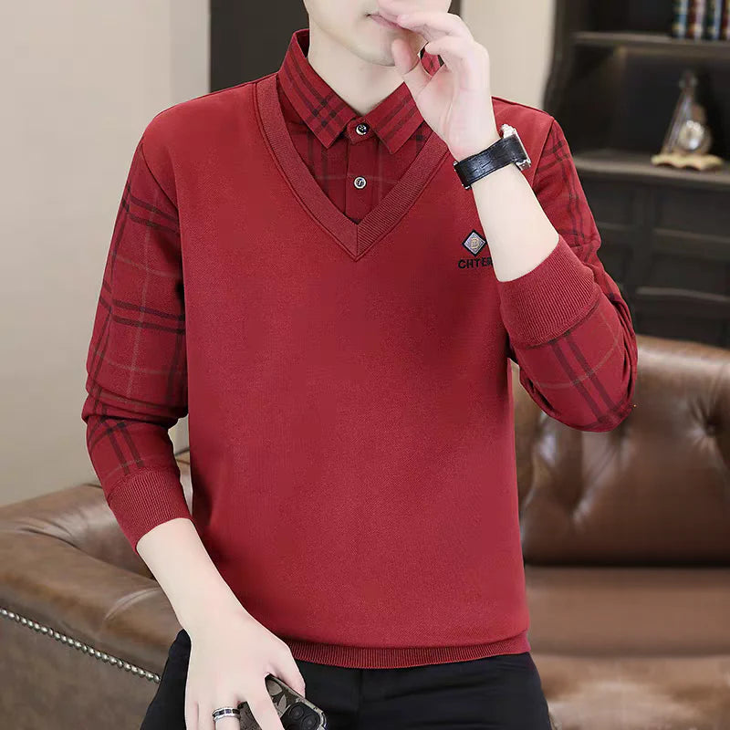 Premium V-Neck Sweater with Check Shirt Collar – Soft Knit Winter Wear