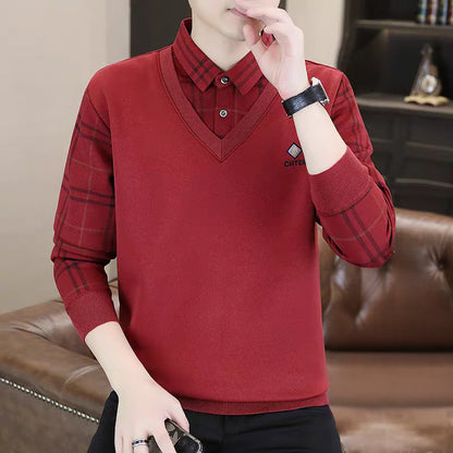 Premium V-Neck Sweater with Check Shirt Collar – Soft Knit Winter Wear