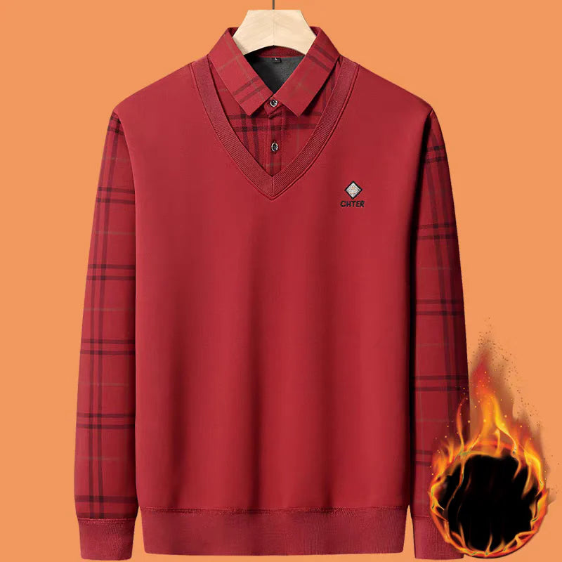 Premium V-Neck Sweater with Check Shirt Collar – Soft Knit Winter Wear