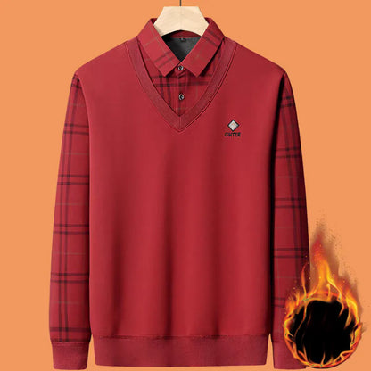 Premium V-Neck Sweater with Check Shirt Collar – Soft Knit Winter Wear